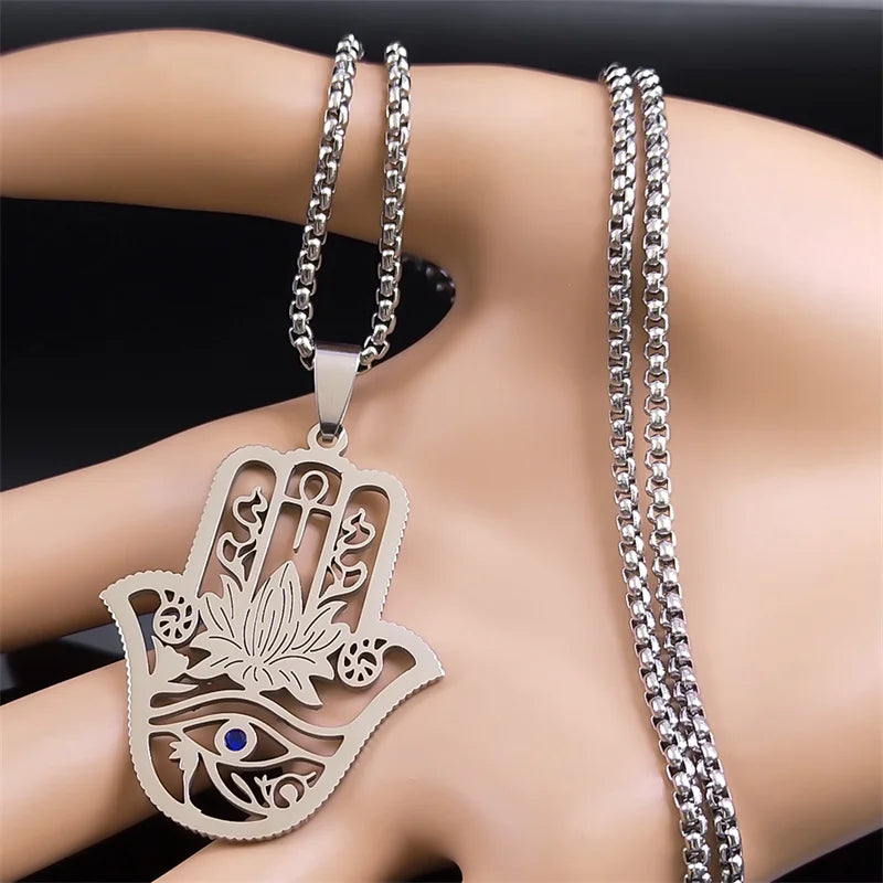 Hamsa Hand, Ankh, Lotus & Eye of Horus Pendant, Egyptian Protection Amulet
