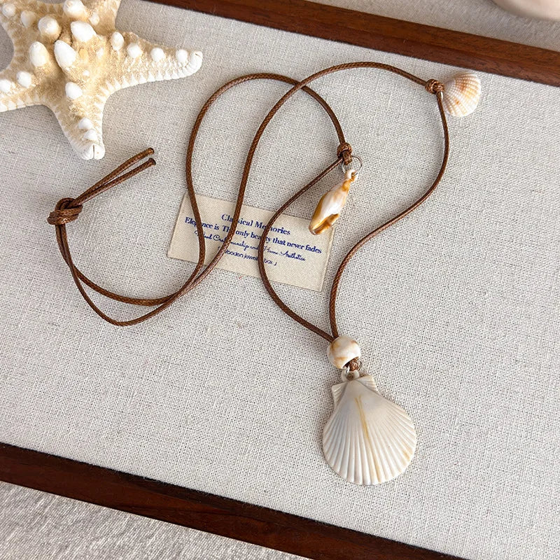 Starfish, Nautilus and Conch Wax Rope Clavicle Necklace