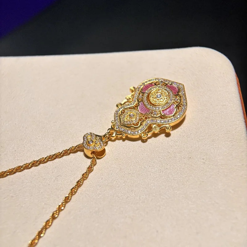 Vintage Ruyi Gourd Lotus Pendant, Chinese Court-Style Blessing Necklace