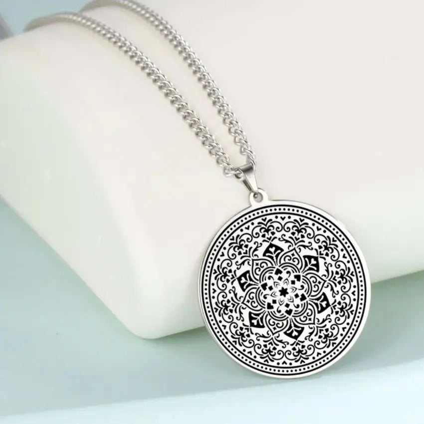 Lotus Chakra Mandala Pendant Necklace, Stainless Steel Buddhist Hindu Meditation Amulet