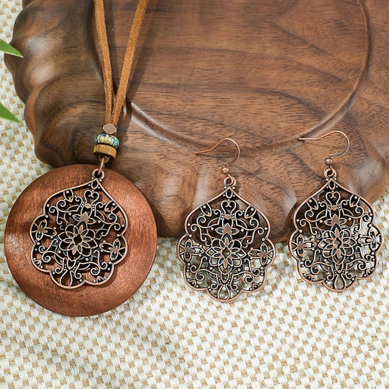Wood Round Tassel Necklace Earring Set Jewelry
