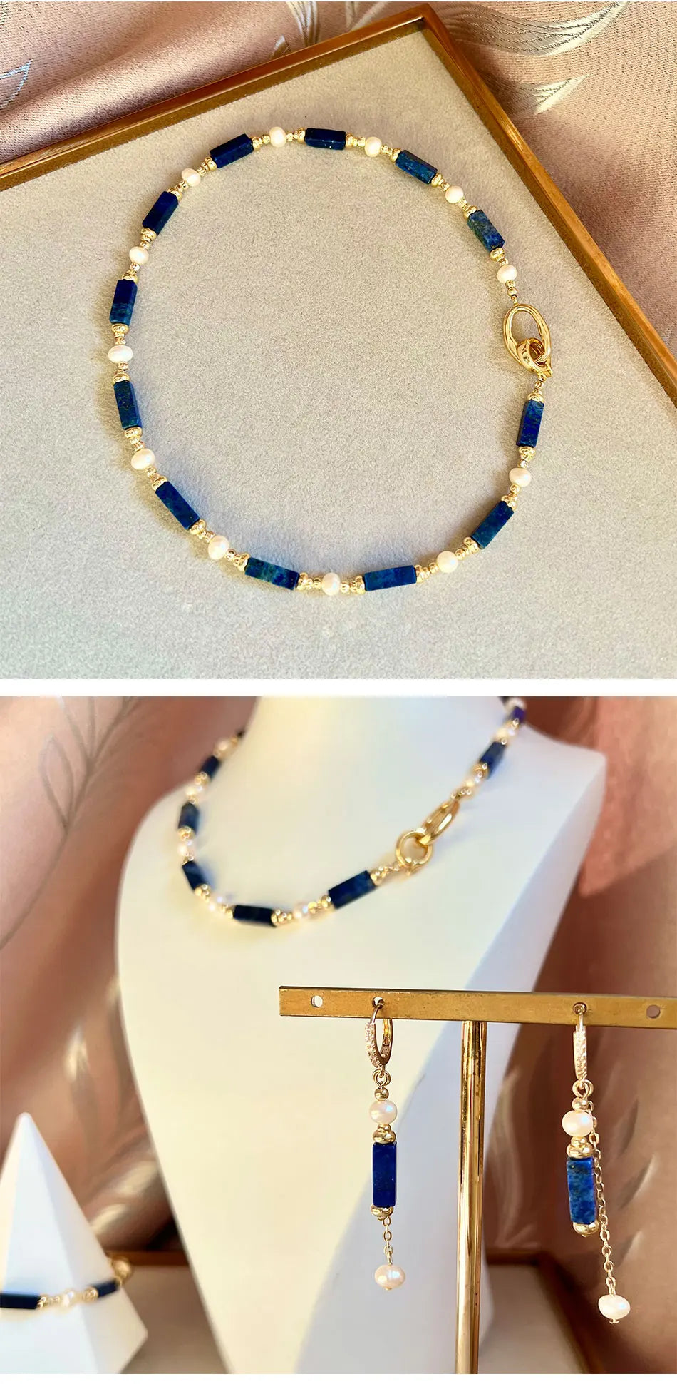 Exclusive Design Personalized Natural Freshwater Pearl Lapis lazuli Necklace Bracelet Earrings Copper Plated 14k Gold Accessorie - Charlie Dolly