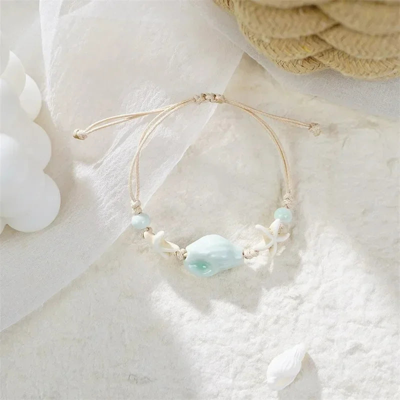 Bohemian Conch, Starfish and Shell Beaded Bangle Bracelet