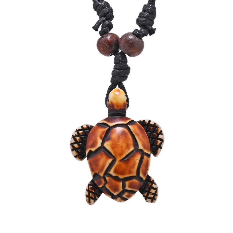 Sea Turtle Bone Pendant Wax Cord Necklace Jewelry