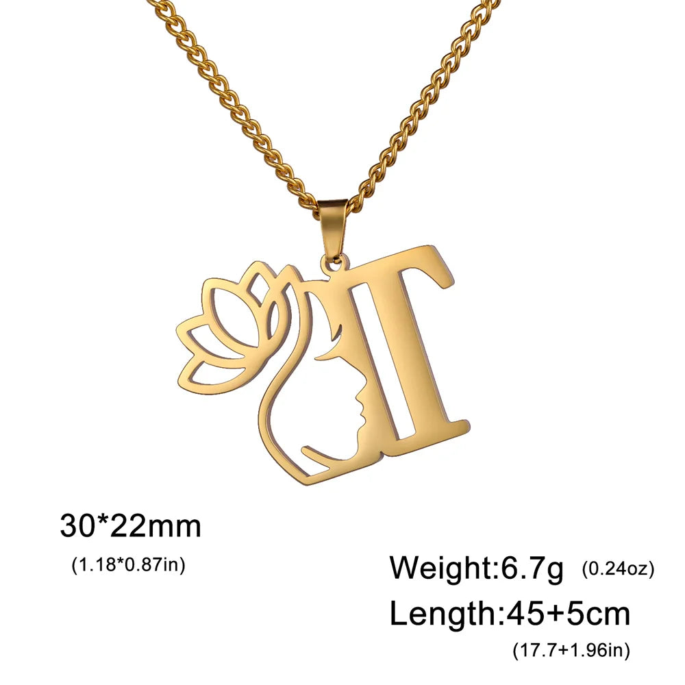 Lotus Flower Initial Letter Pendant, Personalized Stainless Steel Necklace
