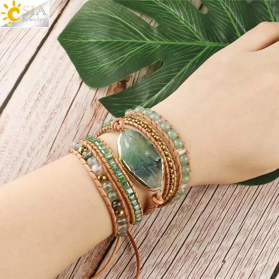 CSJA Natural Stone Bracelets Green Fluorite Crystal Aventurine Bead Leather Wrap Bracelet Multilayer Boho Jewelry Pulseira G118 - Charlie Dolly