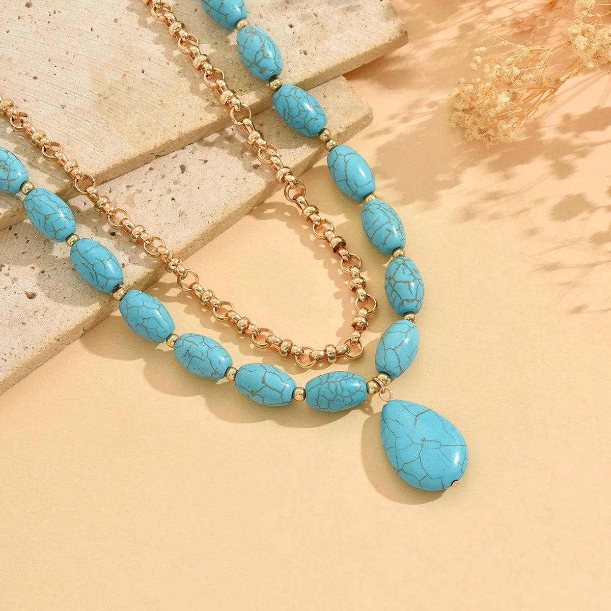 Turquoise Oval Pendant Layered Choker Set Jewelry