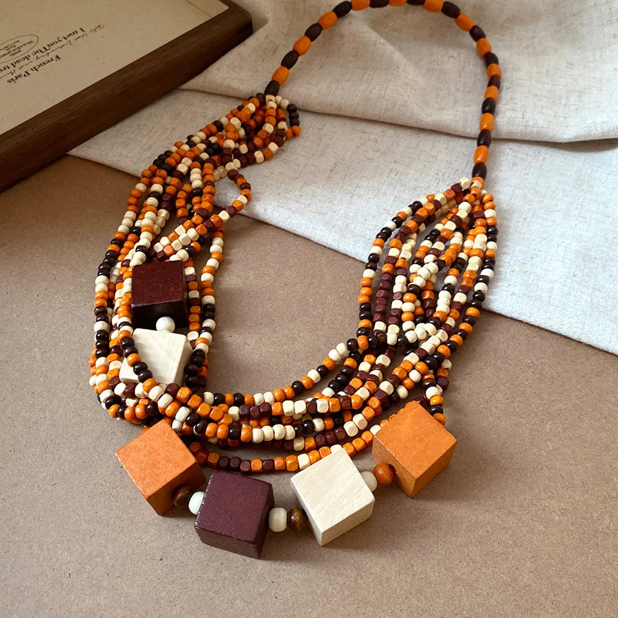 Cubic Wood Bead Multilayer Statement Necklace Jewelry