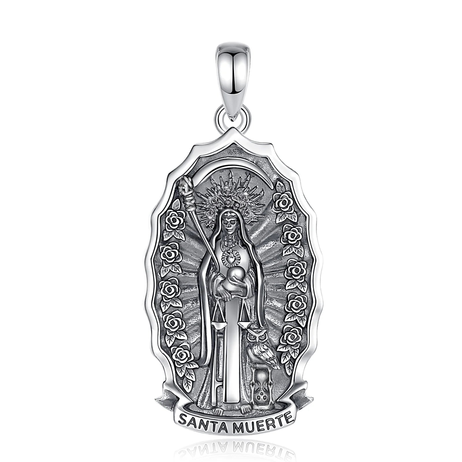 S925 Sterling Silver Santa Muerte Pendant Necklace, Holy Death Mexican Devotional Amulet