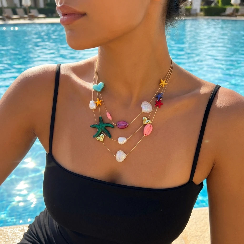 Tropical Starfish Heart and Shell Triple Layer Necklace