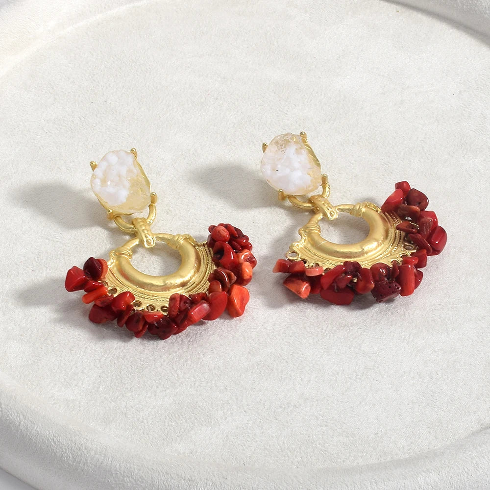 Resin Stone Beaded Drop Earrings, Vintage Statement Boho Jewelry
