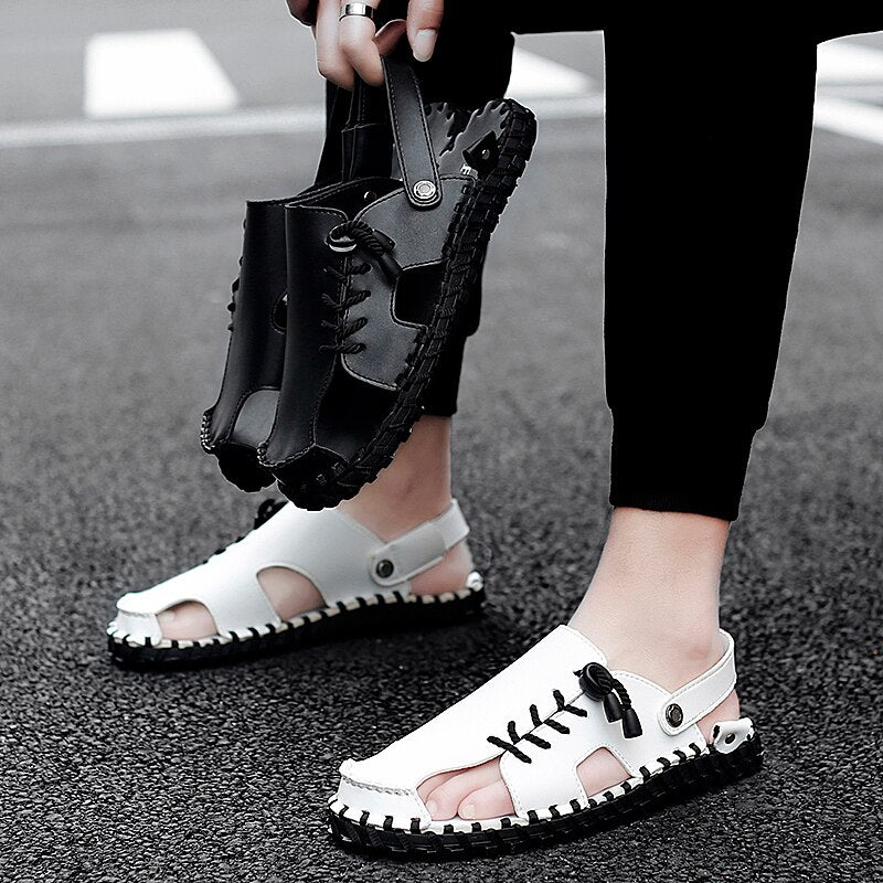 All-match Summer Leather Beach Shoes Comfy Leather Mens Sandals Non-slip Beach Sandals Breathable Soft Flats Male Slippers