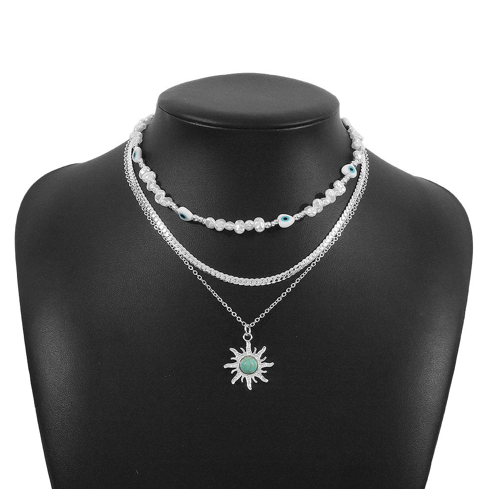 YUZZ Blue Turkish Evil Eyes Exquisite Sun Flower Pendant Necklace 2022 Summer Multilevel Female Boho Vintage Jewelry Party Gift