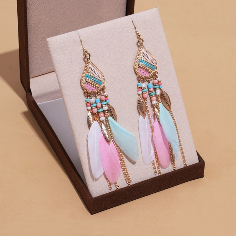 Boho Long Feather Dangle Women's Earrings Beach Long Tassel Beads Handmade Flower Enamel Earrings Bride Wedding Pendientes Mujer