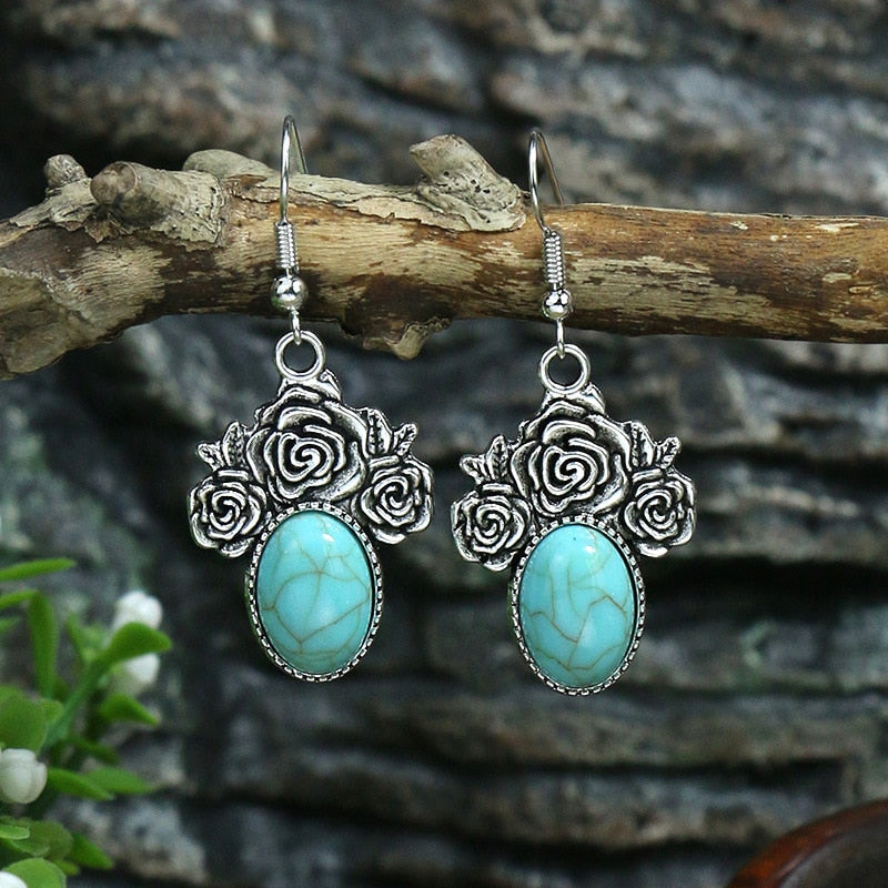 53 Styles Bohemian Vintage Tibetan Silver Geometric Drop Earrings For Women Ethnic Blue Stone Tassel Dangle Earrings Jewelry