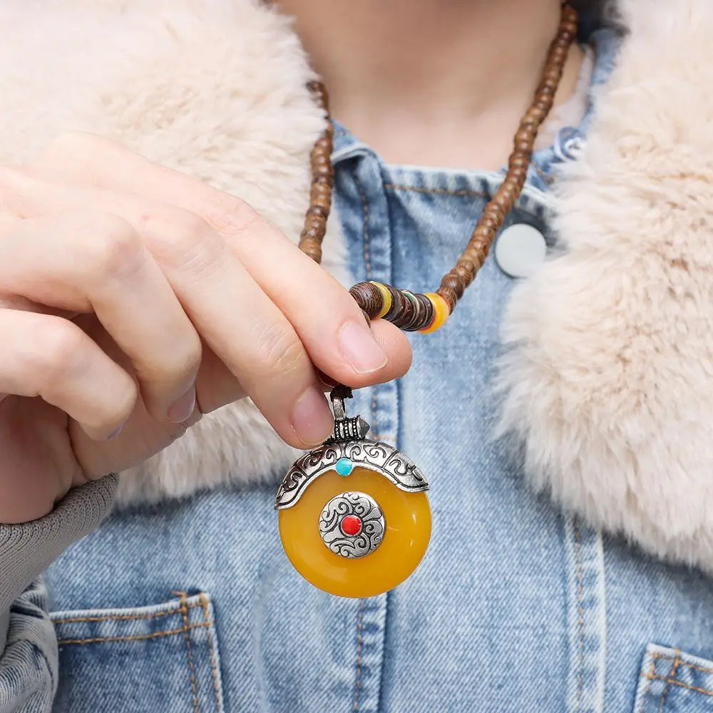 Nepal Wood Bead Mala Pendant Necklace Jewelry