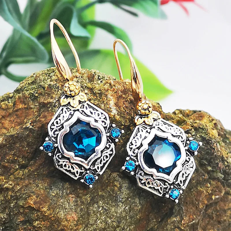 Blue Stone Engraved Flower Square Earrings Jewelry