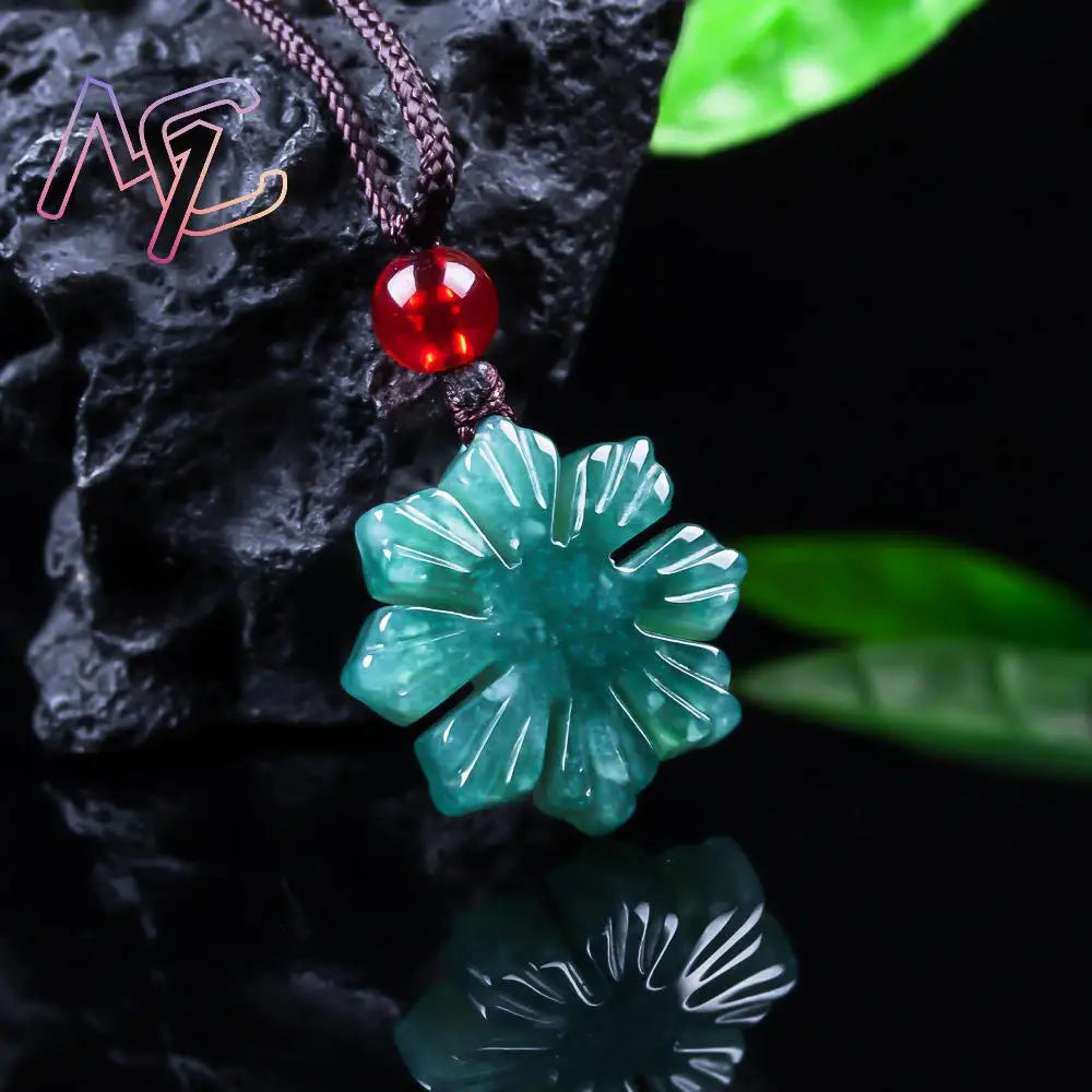 Myanmar Jadeite Snowflake Pendant Necklace, Real Jade Vintage Carved Amulet