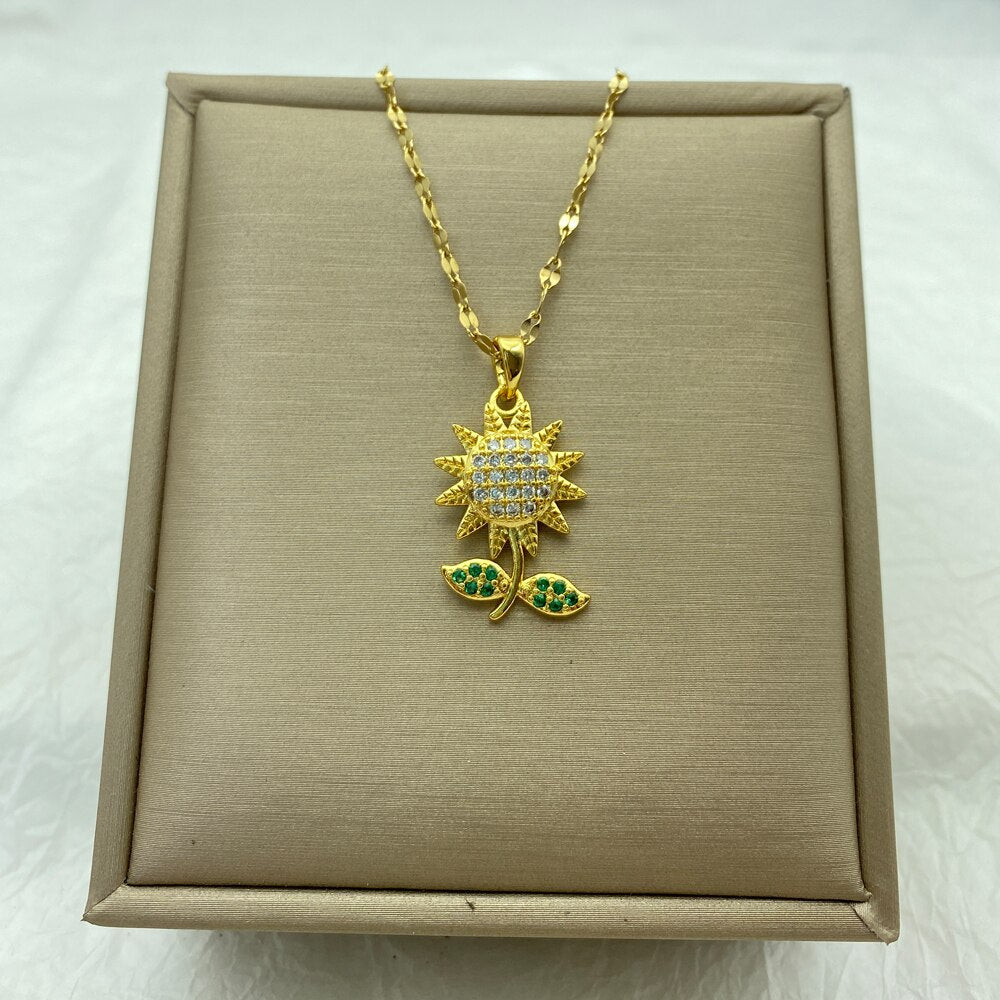 Sunflower Stainless Steel Necklace for Women Gift Cute Style Flower Copper Round Big Pendant Necklace Steel Jewelry Gold Color