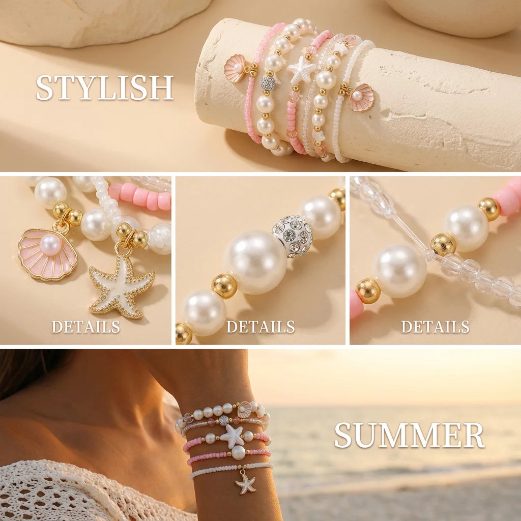 Pink Pearl and Shell Stackable Bracelet Set (5 Pieces)