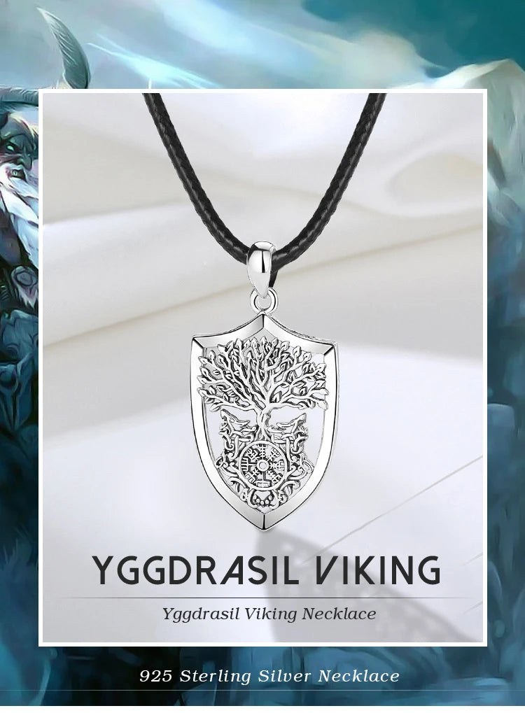 S925 Sterling Silver Viking Yggdrasil Compass Pendant Necklace, Tree of Life Wolf Norse Amulet