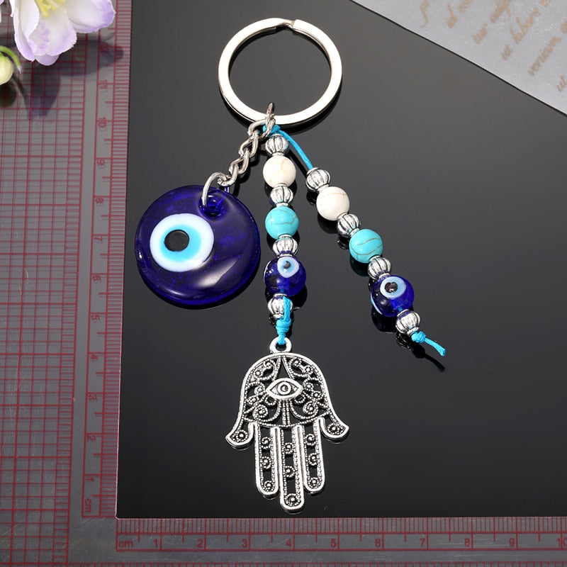 Blue Evil Eye Hamsa Hand Beads Keychain Keyring For Women Men Glass Vintage Round Turkish Eye Fatima Hand Tassel Bag Car Jewelry