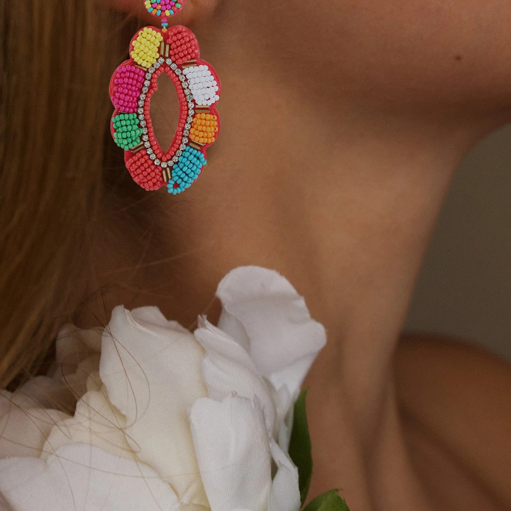 Bohemia Colorful Seed Beads evil eye Flower Drop Earrings For Women Handmade Tassel swan Statement Dangle Earrings Jewelry