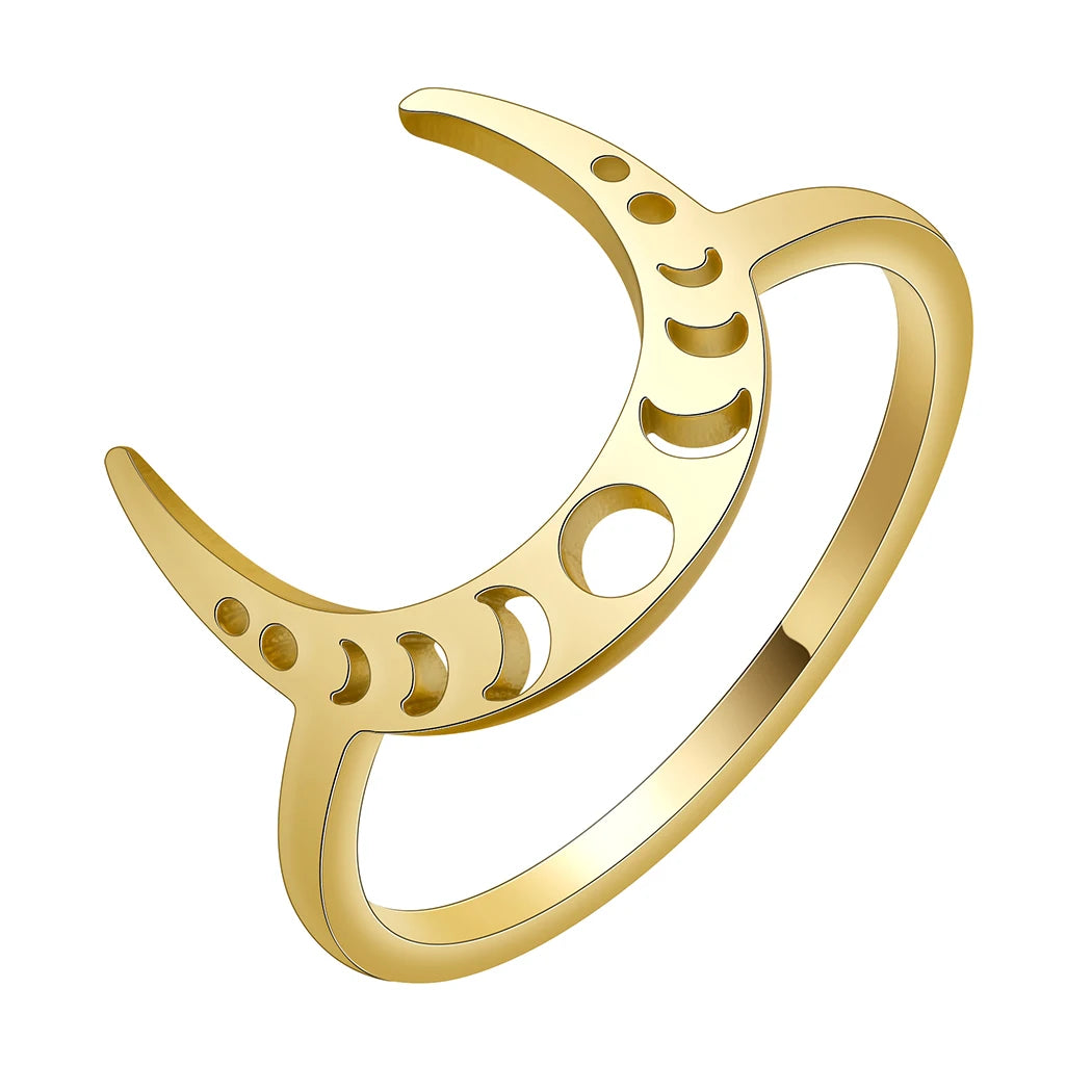 Moon Phase Band Ring, Stainless Steel Celestial Witchy Amulet