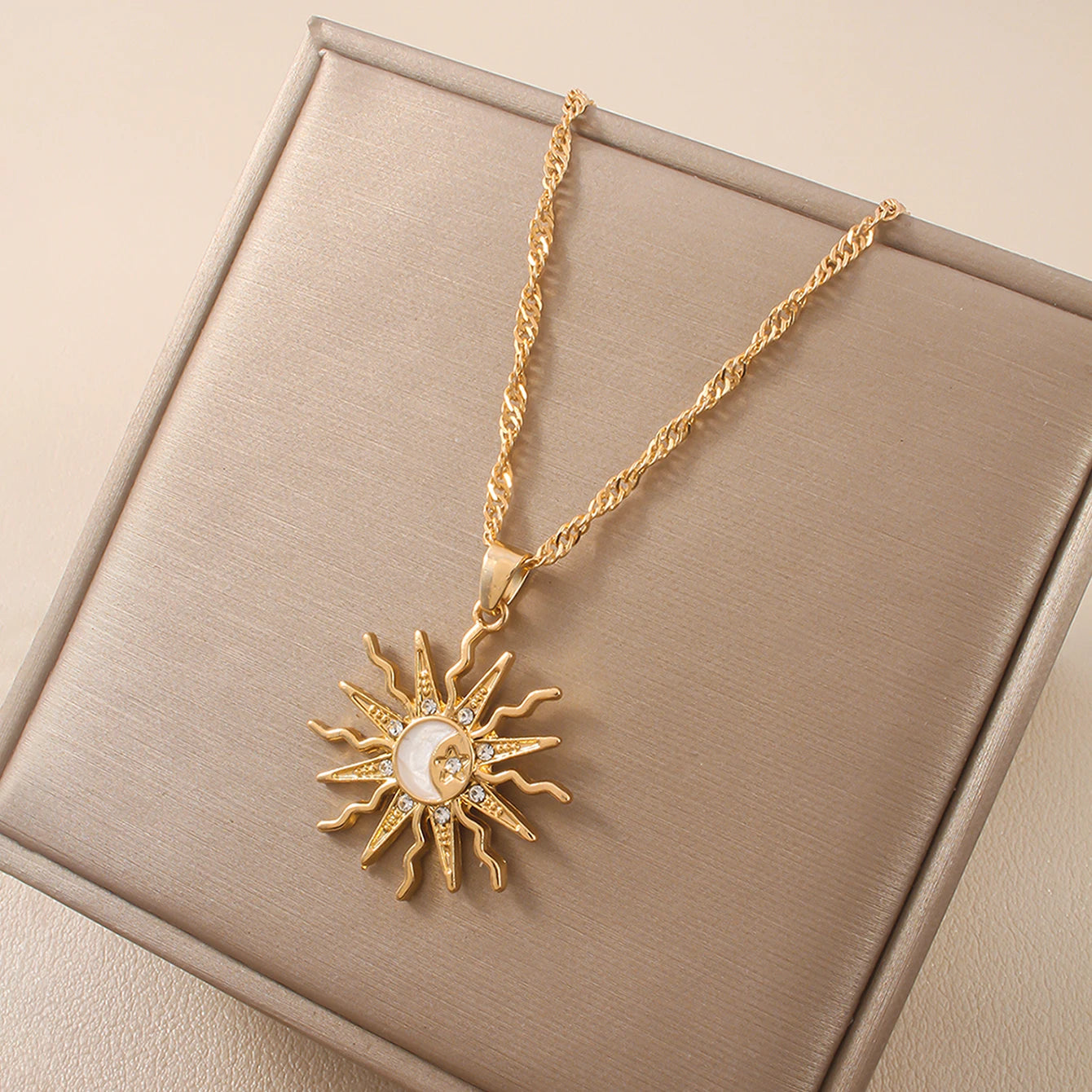 Sun Moon & Star Three-in-One Rhinestone Pendant Necklace, Vintage Celestial Talisman