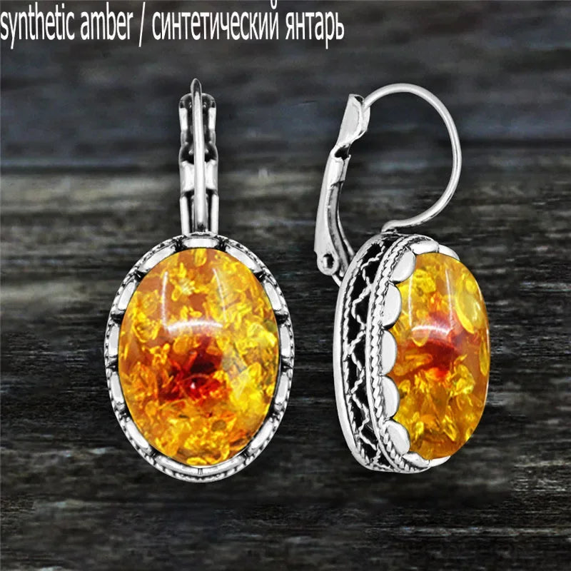Oval Amethysts Earrings For Women Tibetan Silver Natural Stone Rose Quartz Lapis Lazuli Tiger Eye Fashion Earring - Charlie Dolly