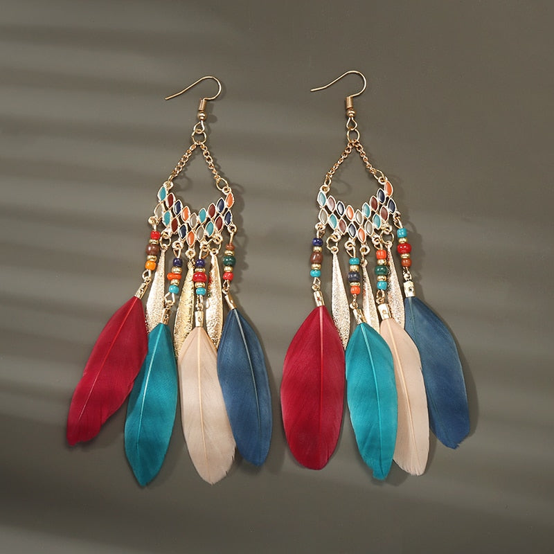Boho Long Feather Dangle Women's Earrings Beach Long Tassel Beads Handmade Flower Enamel Earrings Bride Wedding Pendientes Mujer