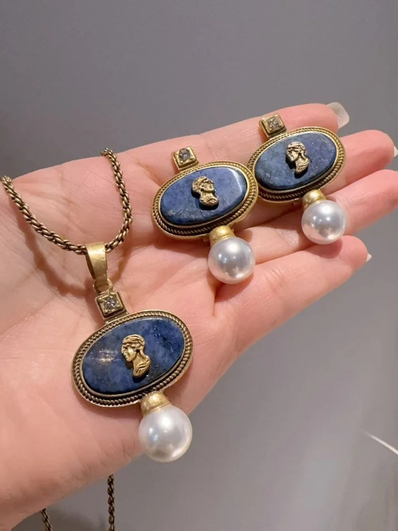 Vintage Cameo Jewelry Set Woman Avatar Pendent Pearl Necklace Lapis Lazuli Stud Earrings Blue Natural Stone Wedding Party 2026 - Charlie Dolly