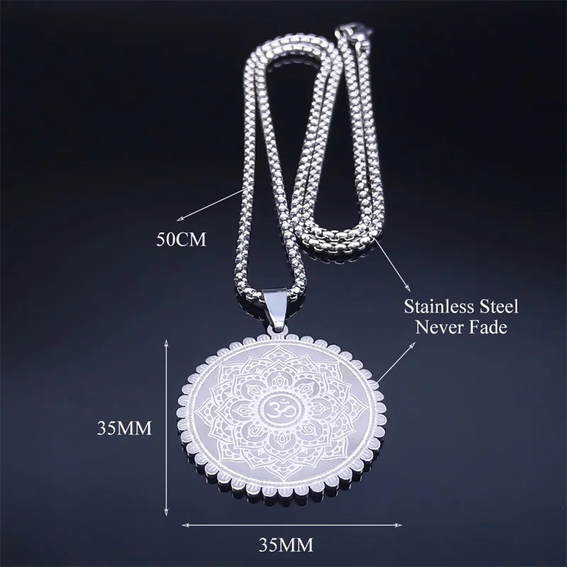Om Lotus Mandala Yoga Necklace, Stainless Steel Buddhist Amulet