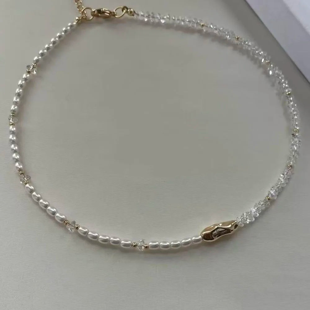 Transparent Crystal and Pearl Tassel Chain Pendant Necklace