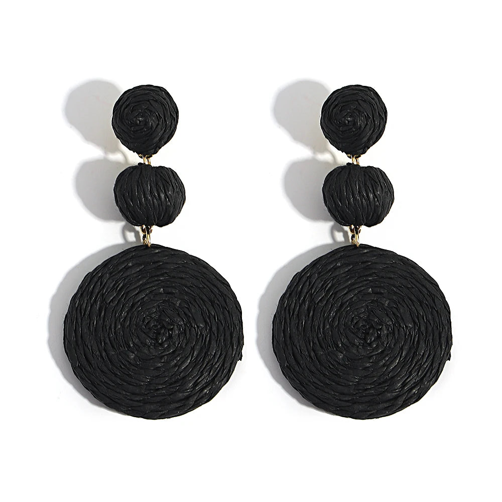 Yellow Raffia Knit Round Drop Earrings Jewelry