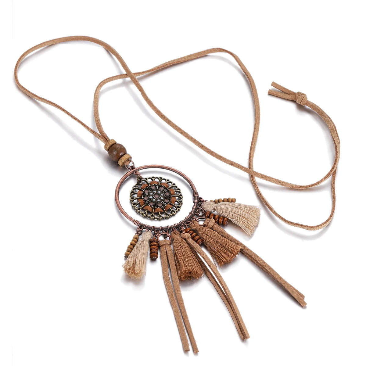Wood Flower Bead Leaf Tassel Long Necklace Jewelry