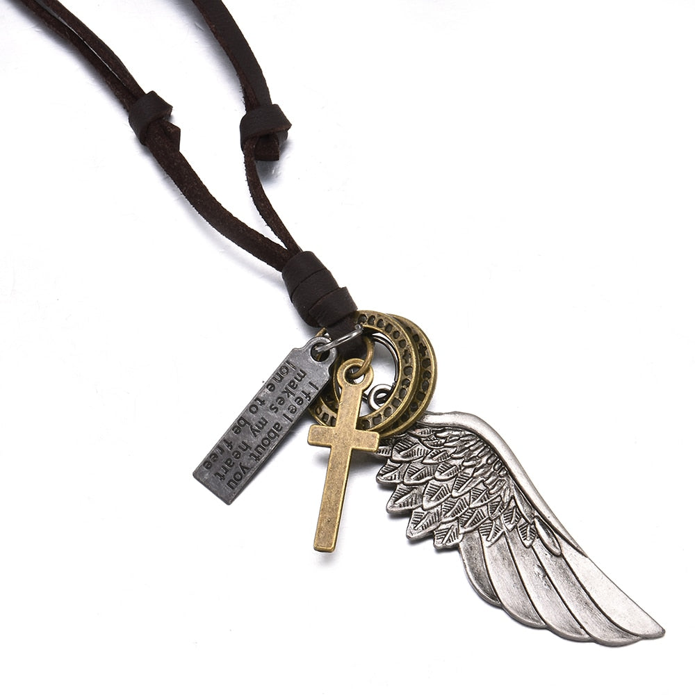 Feather Angel Wings Necklace & Pendants Vintage Brown Leather Neckless for Women Men Jewelry Boys Necklace Statement Necklace
