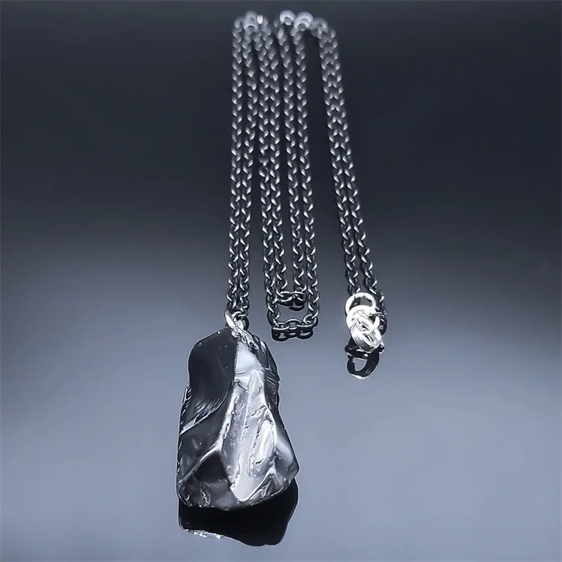 Black Obsidian Irregular Natural Stone Necklace Boho Stainless Steel Black Sweater Chain Fashion Necklaces Lucky Jewelry NDD16 - Charlie Dolly