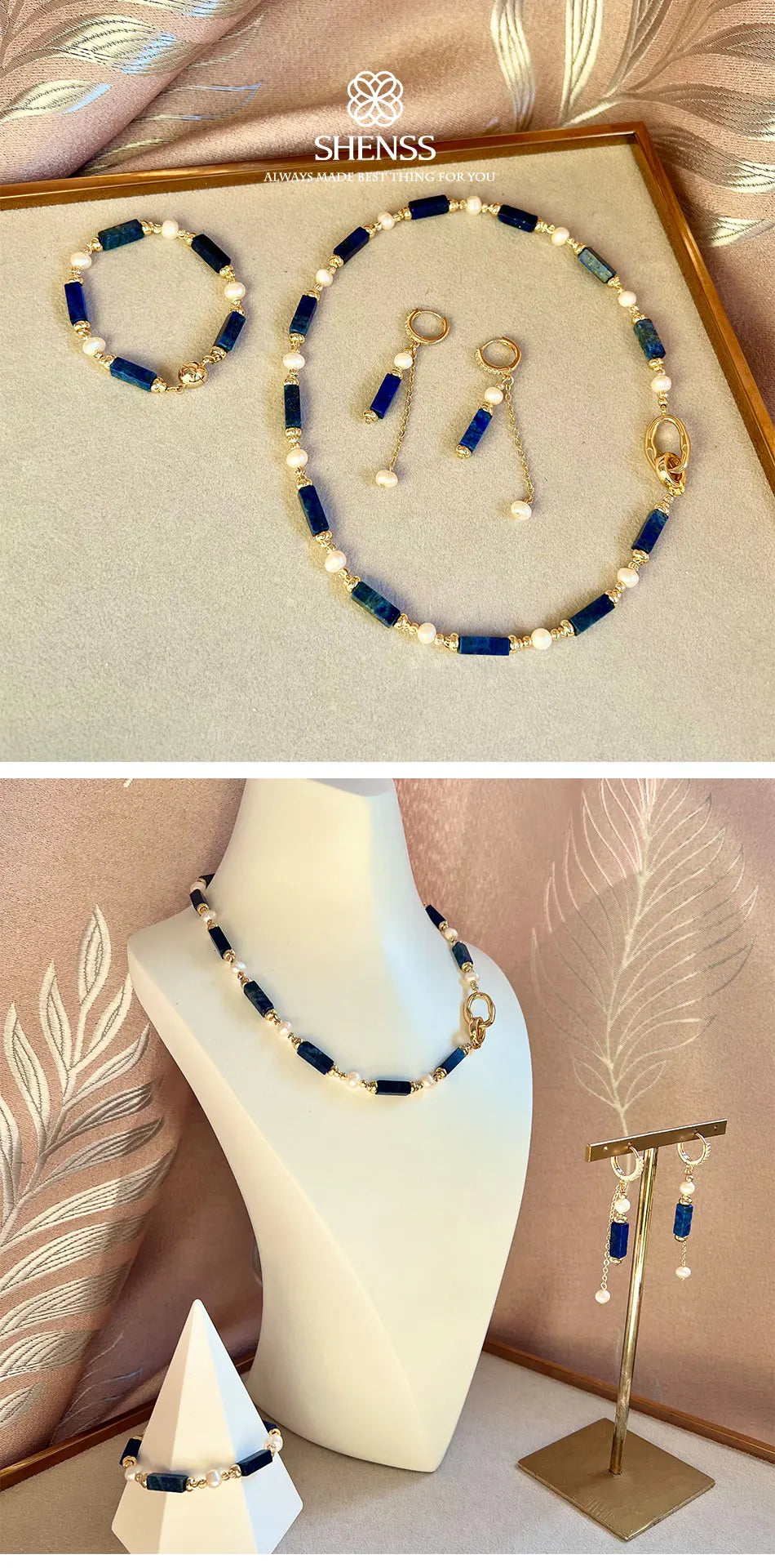 Exclusive Design Personalized Natural Freshwater Pearl Lapis lazuli Necklace Bracelet Earrings Copper Plated 14k Gold Accessorie - Charlie Dolly