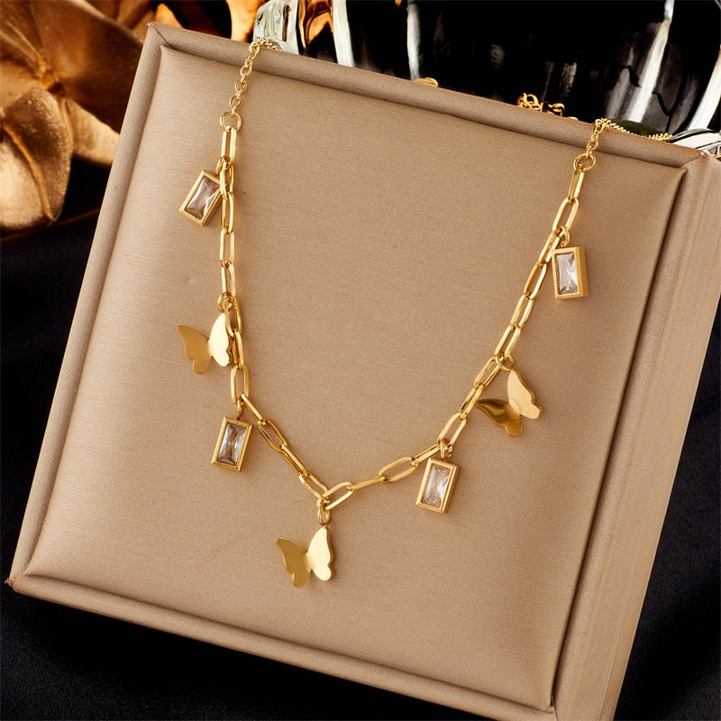 DIEYURO 316L Stainless Steel Butterfly Moon Lock Blue Eyes Pendant Necklace For Women Multilayer Choker Chain Jewelry Gifts - Charlie Dolly