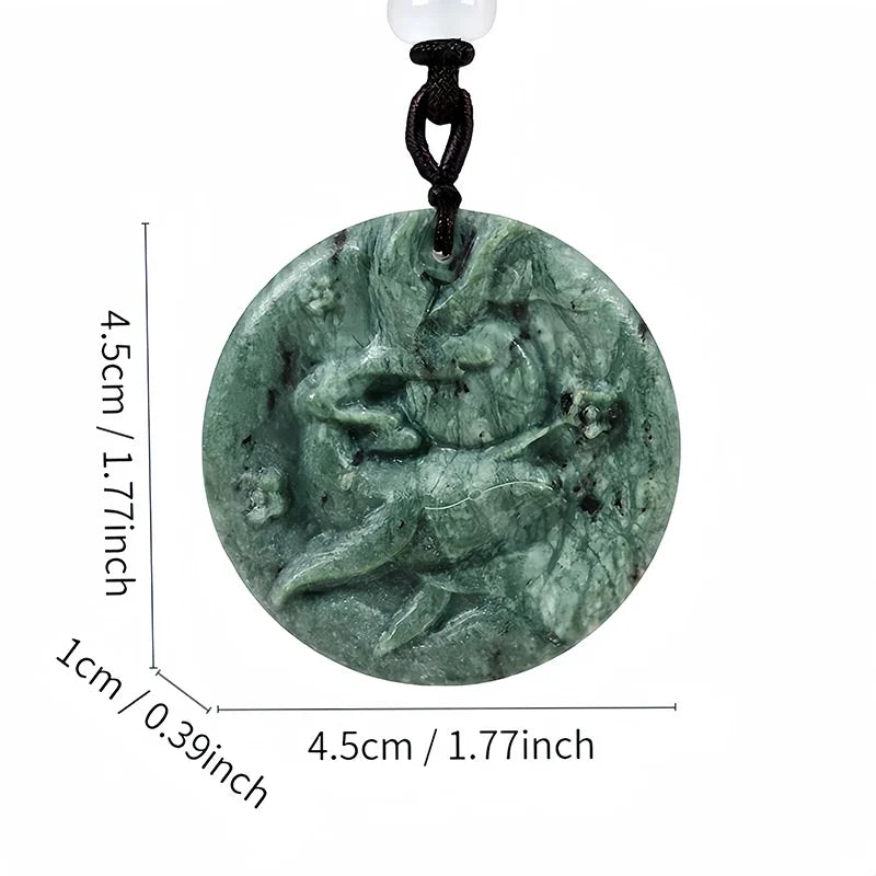Dark Green Jade Dragon Fox & Owl Pendant Necklace, Carved Amulet Zodiac Talisman
