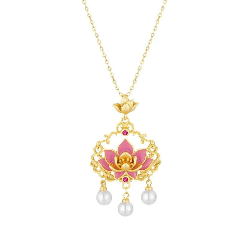 Pink Lotus Ruyi Lock & Pearl Tassel Enamel Necklace, Buddhist Blessing Talisman
