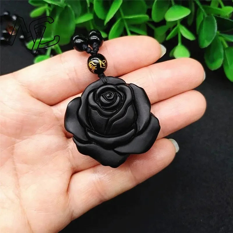 Natural Obsidian Rose Flower Pendant, Hand-Carved Lucky Amulet
