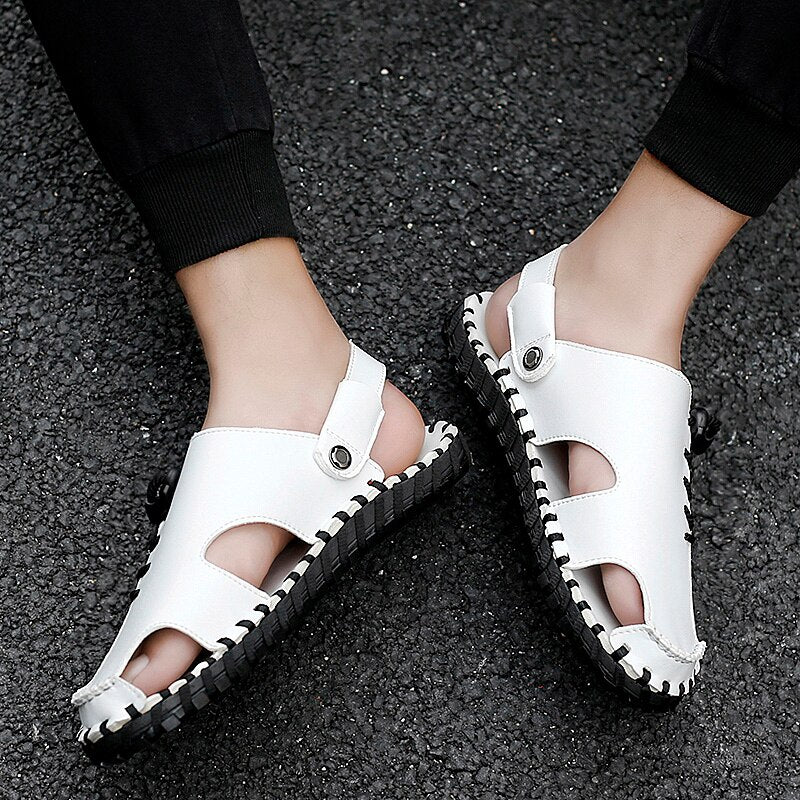 All-match Summer Leather Beach Shoes Comfy Leather Mens Sandals Non-slip Beach Sandals Breathable Soft Flats Male Slippers