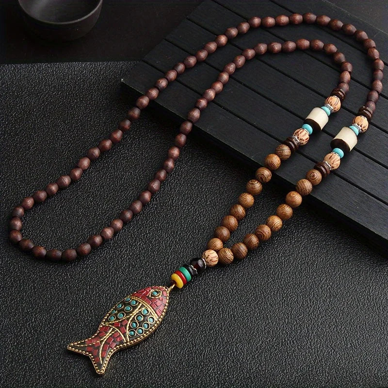 Nepal Wood Bead Fish Horn Pendant Necklace Jewelry