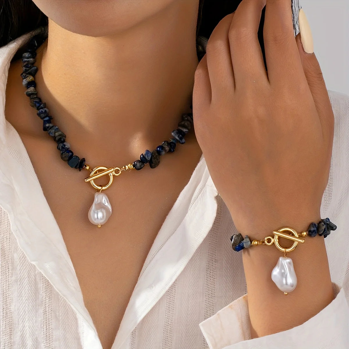 Boho Green Natural Stone Baroque Pearl Jewelry Set 13 Colors Toggle Clasp Necklace Bracelet For Women Fashion Gift - Charlie Dolly