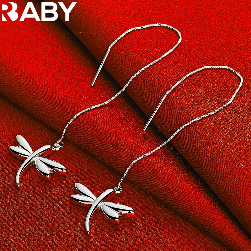 925 Sterling Silver Fine Cute Dragonfly Long Drop Earrings For Woman Fashion Wedding Party Charm Jewelry Gift