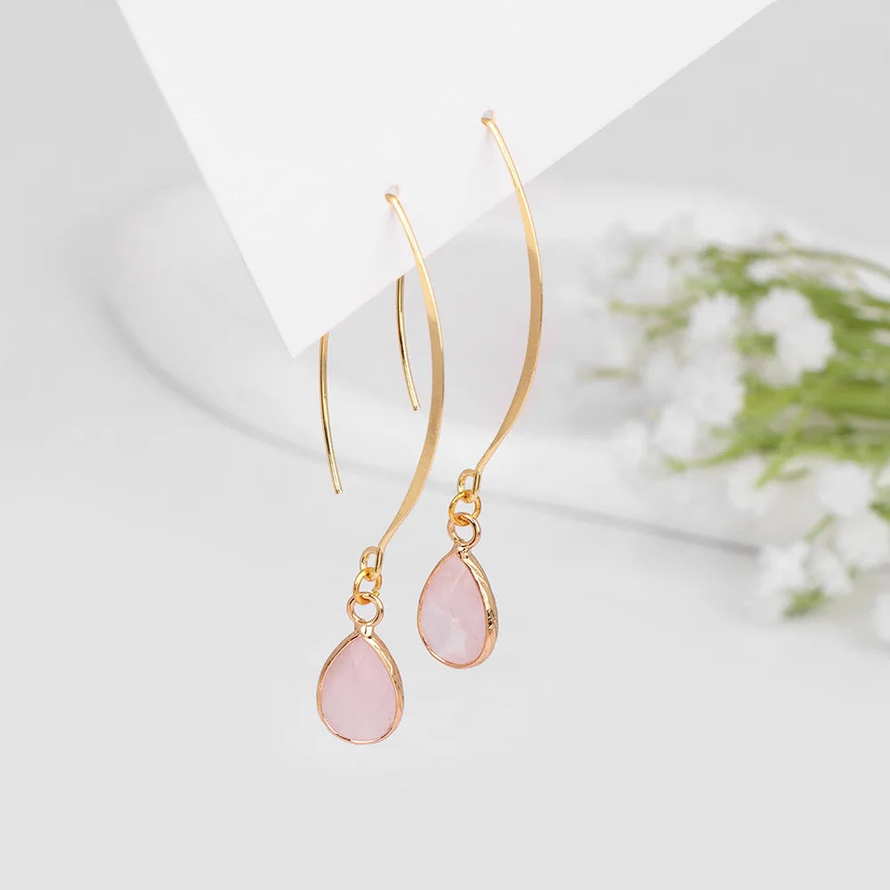 Natural Stone Teardrop Dangle Earrings, Amethyst Rose Quartz Elegant Party Jewelry