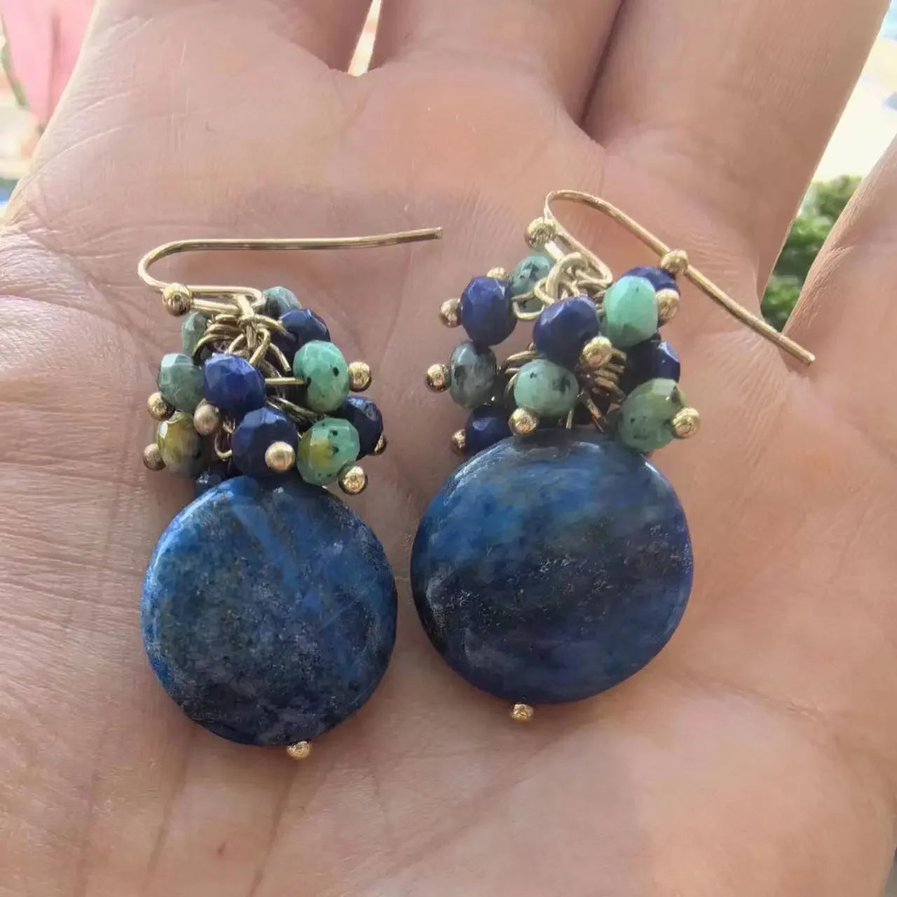 Lapis Lazuli & Turquoise Gemstone Earrings - Elegant Vintage-Inspired, Denim Navy Blue with Golden Accents - Charlie Dolly