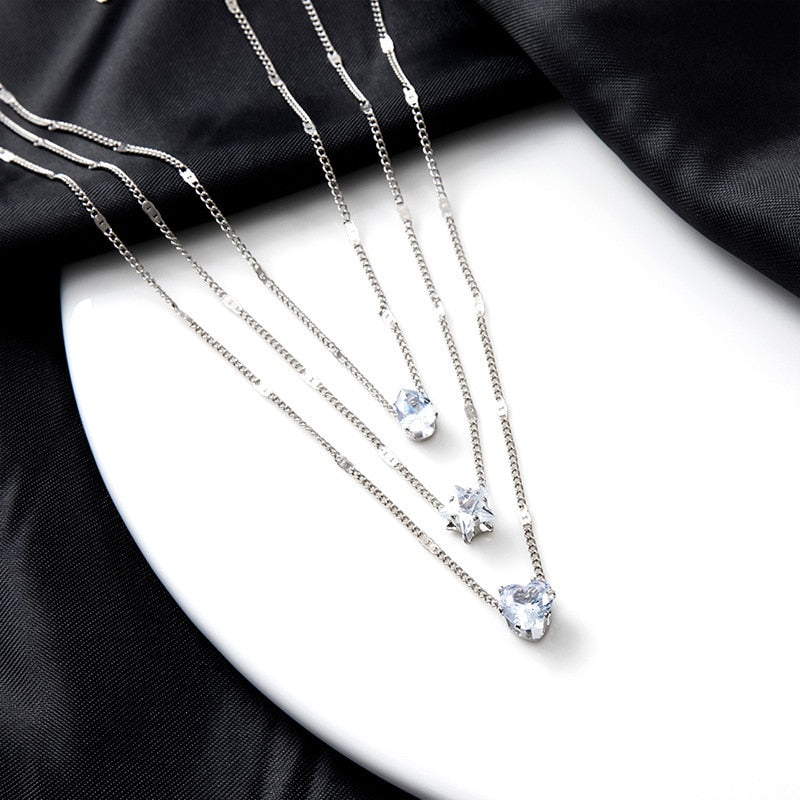 Shiny Crystal Zircon Heart Star Charm Layered Pendant Necklace for Women Charms Fashion Square Rhinestone Female Vintage Jewelry